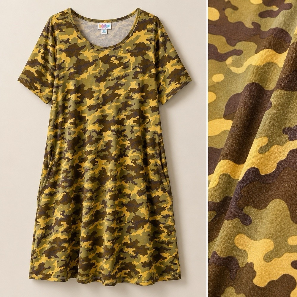 LuLaRoe Jessie Dress 2XL Camo Military Green Brown Yellow Stretch Pockets Casual